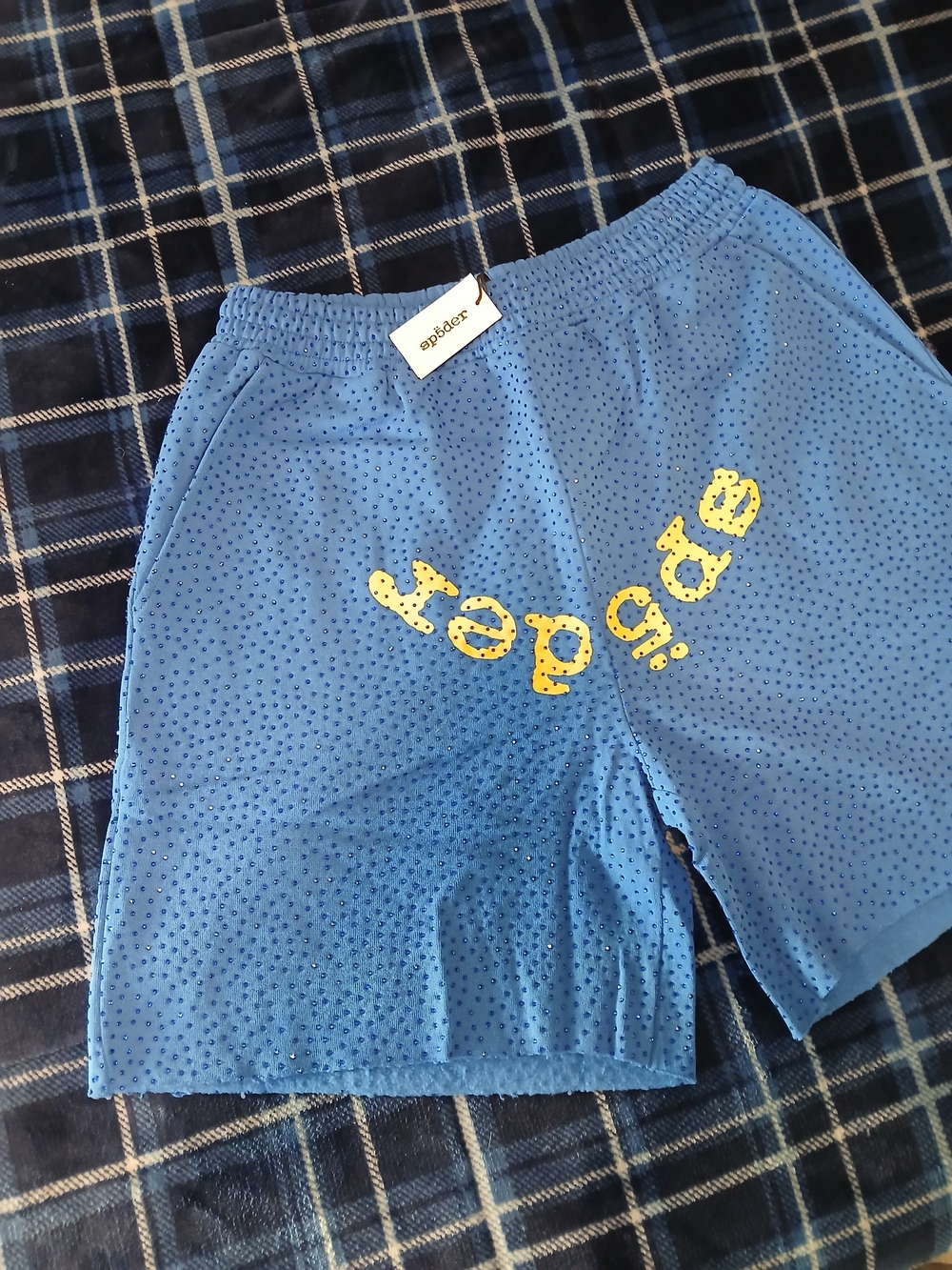 Sp5der Blue Rhinestone Shorte - Picture 2 of 4